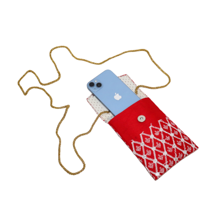 Red Cotton Phone Clutch Bag with Mirror Work and Gold Chain